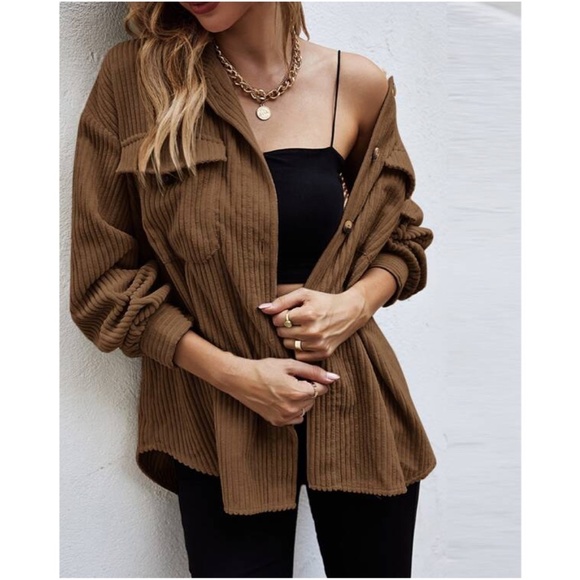 Cozy Brown Pocket Oversized Corduroy Jacket Shacket - Picture 1 of 13